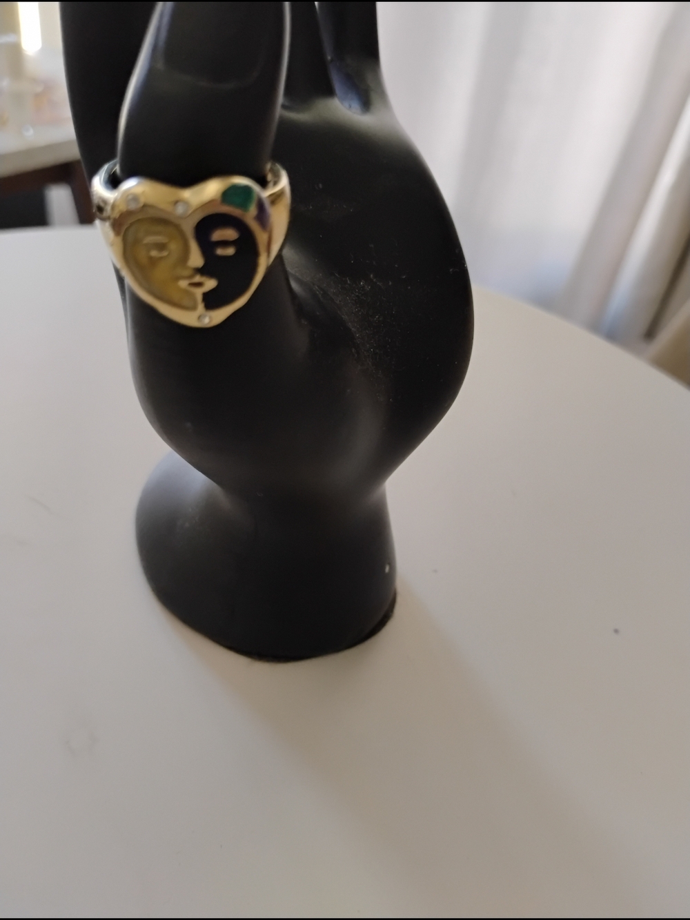 Gold Tone Heart Face Ring with Black and Green Enamel